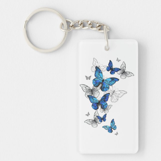 Blue Flying Butterflies Morpho Key Ring (Front)