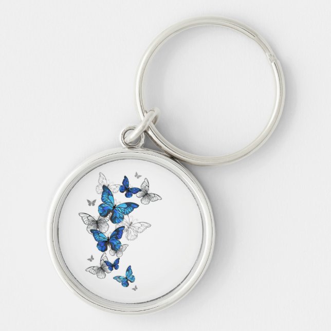 Blue Flying Butterflies Morpho Key Ring (Front)