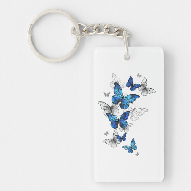 Blue Flying Butterflies Morpho Key Ring (Front)