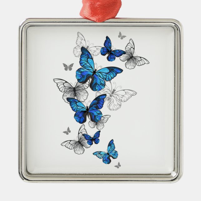 Blue Flying Butterflies Morpho Metal Ornament (Front)
