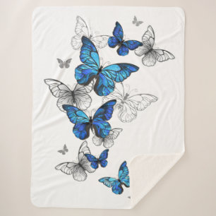 Blue Flying Butterflies Morpho Sherpa Blanket