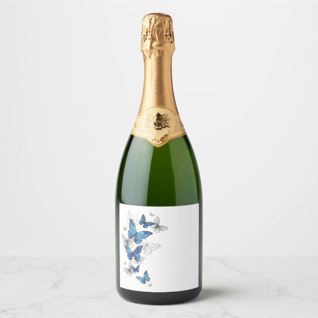 Blue Flying Butterflies Morpho Sparkling Wine Label (Front)