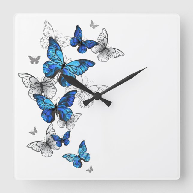Blue Flying Butterflies Morpho Square Wall Clock (Front)