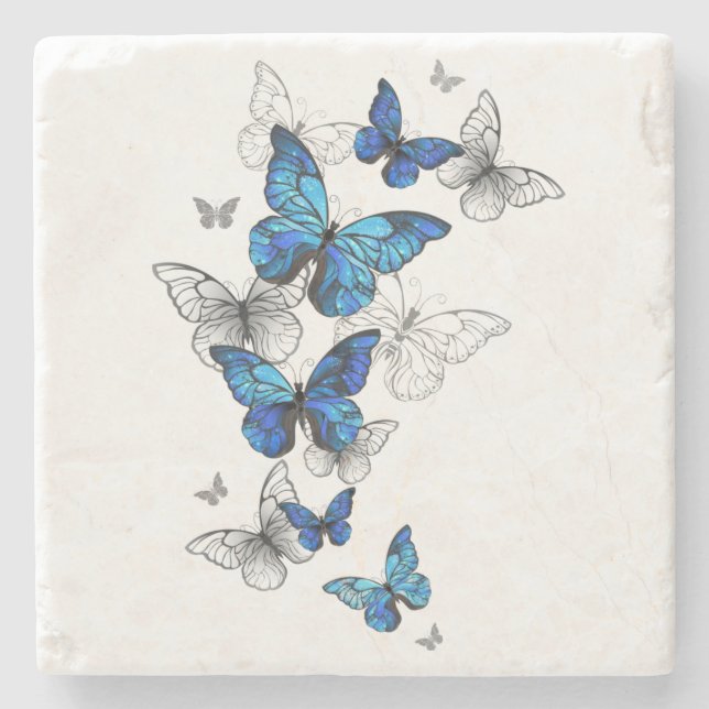 Blue Flying Butterflies Morpho Stone Coaster (Front)