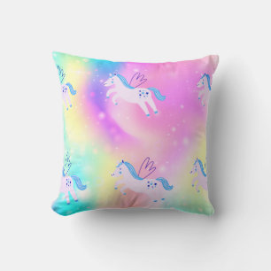 Blue Flying Unicorns Rainbow Print Throw Pillow
