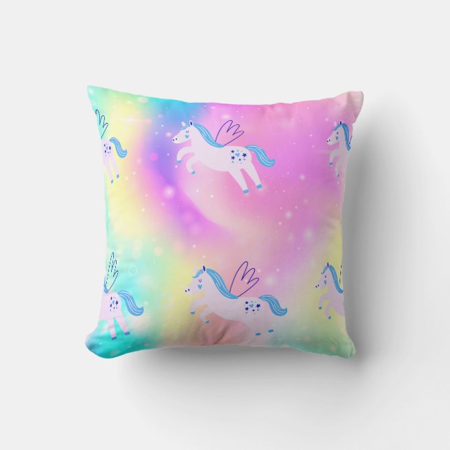 Blue Flying Unicorns Rainbow Print Throw Pillow (Front)