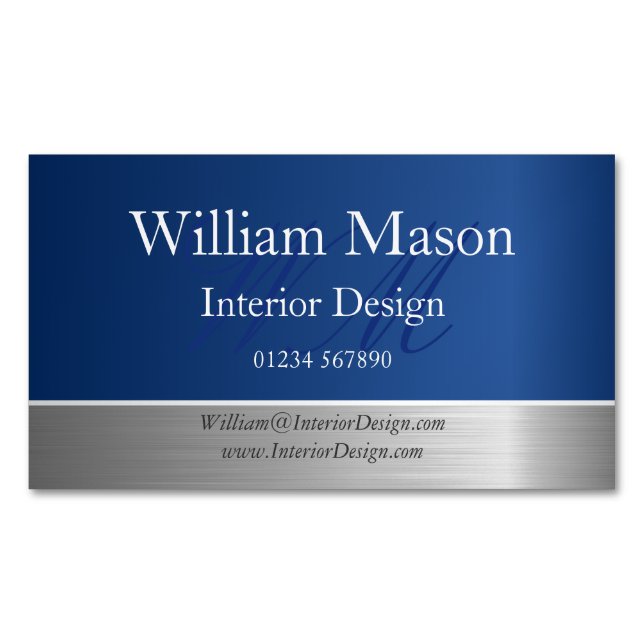 Blue Foil and Steel Effect Monogram Business Card (Front)
