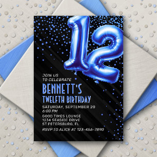 Blue Foil Balloons 12th Birthday Invitation