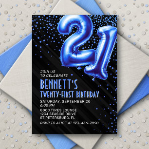 Blue Foil Balloons 21st Birthday Invitation