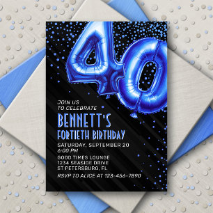 Blue Foil Balloons 40th Birthday Invitation