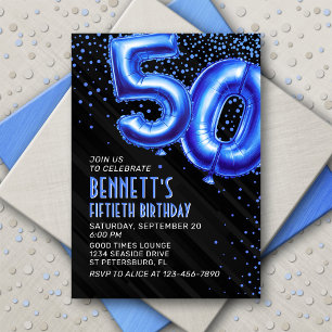Blue Foil Balloons 50th Birthday Invitation