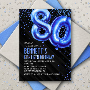 Blue Foil Balloons 80th Birthday Invitation