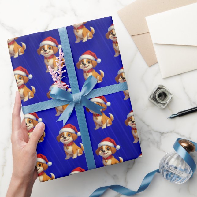 Blue Foil Cartoon Dog Christmas Wrapping Paper (Gifting)