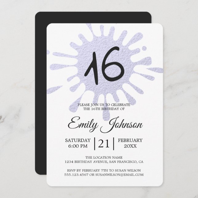 Blue Foil Splash Sweet 16 16th Birthday Party Invitation (Front/Back)