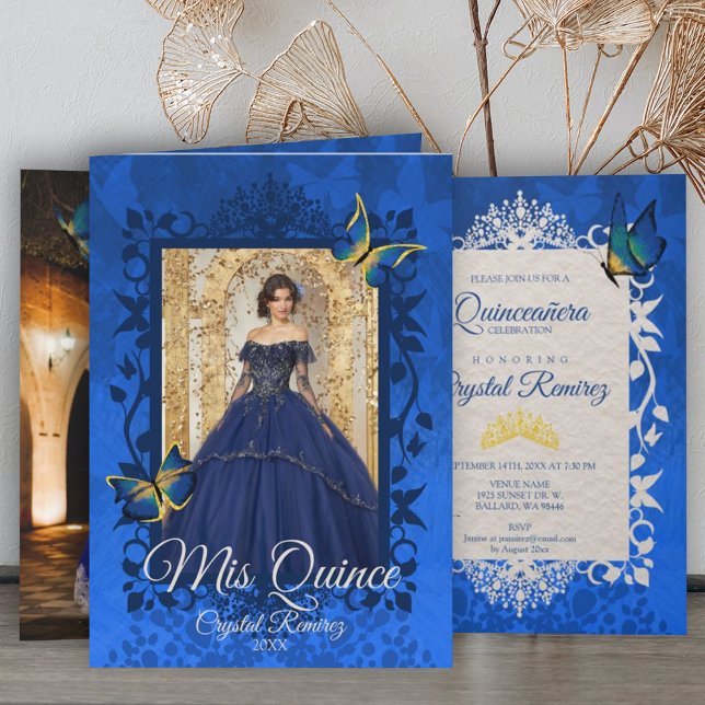 Blue Folded Quinceanera Butterfly Invitation (blue gold quinceanera invitation blue edge frame around invitation vines leaves fancy ornate)