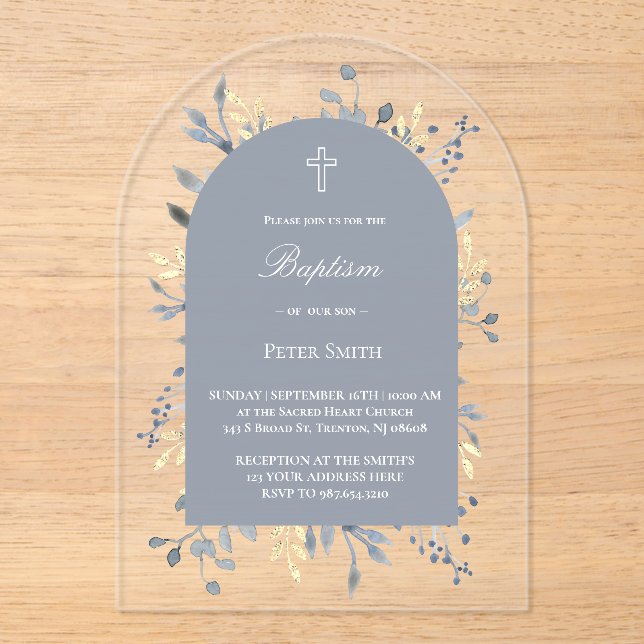 blue foliage Baptism Acrylic Invitation (Front)