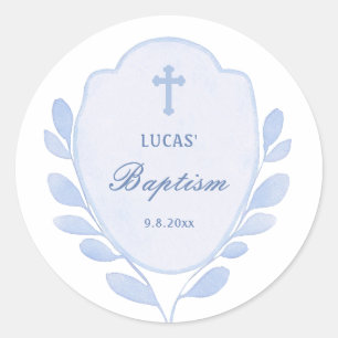 Blue Foliage Crest Baptism Classic Round Sticker