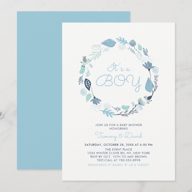 Blue Foliage | Cute Boy Couples Baby Shower Invitation (Front/Back)