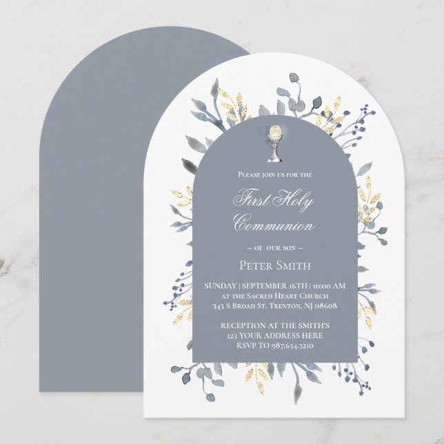  blue foliage First Holy Communion  Invitation (Front/Back)