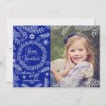 Blue Foliage Hanukkah Photo Card<br><div class="desc">Modern elegant Hanukkah photo cards featuring your favourite photo. Dark blue background with lovely white doodles of winter foliage, snowflakes and a wreath where it reads "Happy Hanukkah" and "shine bright" just under. The backside is made in light blue and white stripes. Personalise it with your family name. Send the...</div>