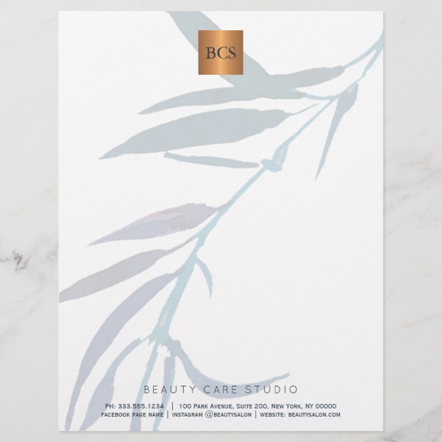 Blue foliage metallic gold copper monogrammed custom letterhead (Front)
