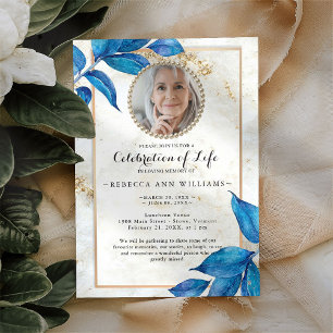 Blue Foliage Modern Photo Celebration of Life Invitation