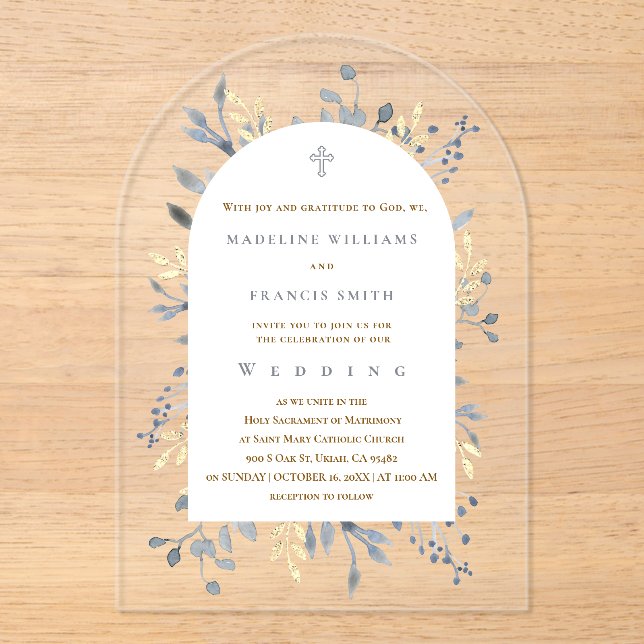  blue foliage wedding acrylic invitation (Front)