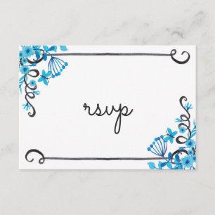 Blue Folk Art Floral Watercolor RSVP Card