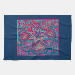 Blue Folk Art Hearts Kitchen Towel