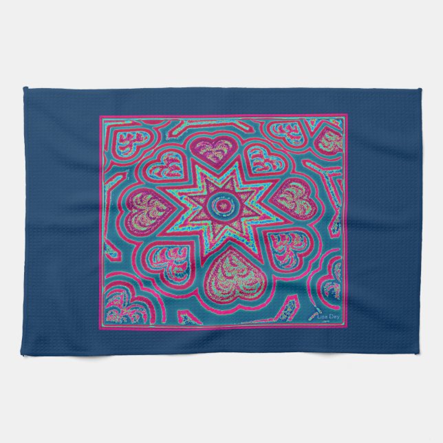 Blue Folk Art Hearts Kitchen Towel (Horizontal)