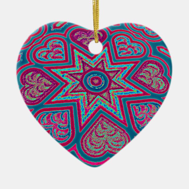 Blue Folk Art Hearts Ornament (Front)