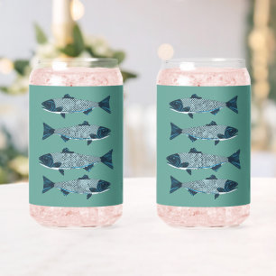 Blue Folk Art Trout/Salmon Can Glass