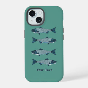 Blue Folk Art Trout/Salmon iPhone 15 Case