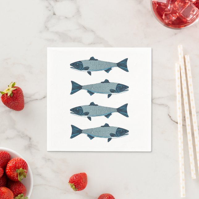 Blue Folk Art Trout/Salmon Napkin (Insitu)