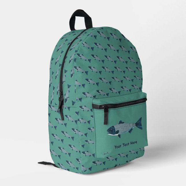 Blue Folk Art Trout/Salmon Printed Backpack (Back Corner Left)