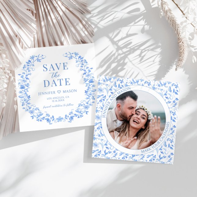 Blue folk floral Save the Date photo invitation (Creator Uploaded)