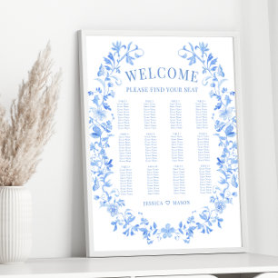 Blue folk floral wreath boho wedding seating chart