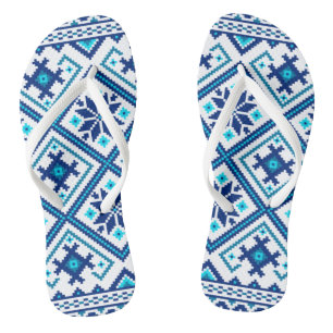  Blue Folk Pattern Ornament Thongs