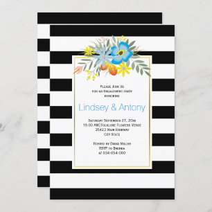 Blue folklore flowers and stripes engagement party invitation