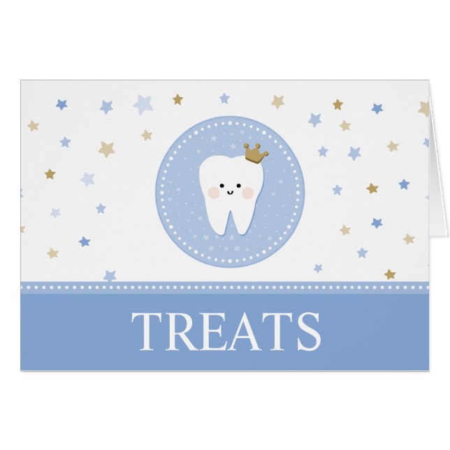 Blue Food Label card for the First Tooth party (Front Horizontal)