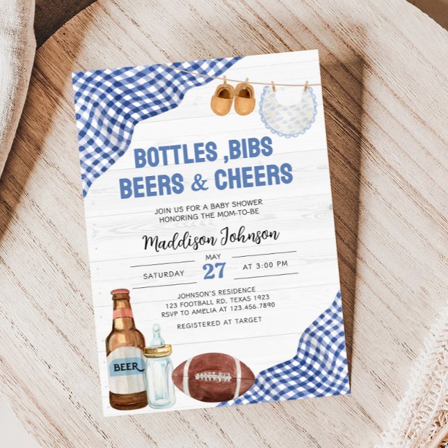 Blue Football Baby Shower Invitation (Bottles, Bibs, Beers & Cheers Baby Shower Invitation)