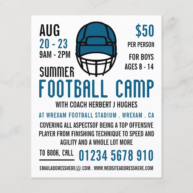 Blue Football Helmet, Football Camp Advertising Flyer (Front)