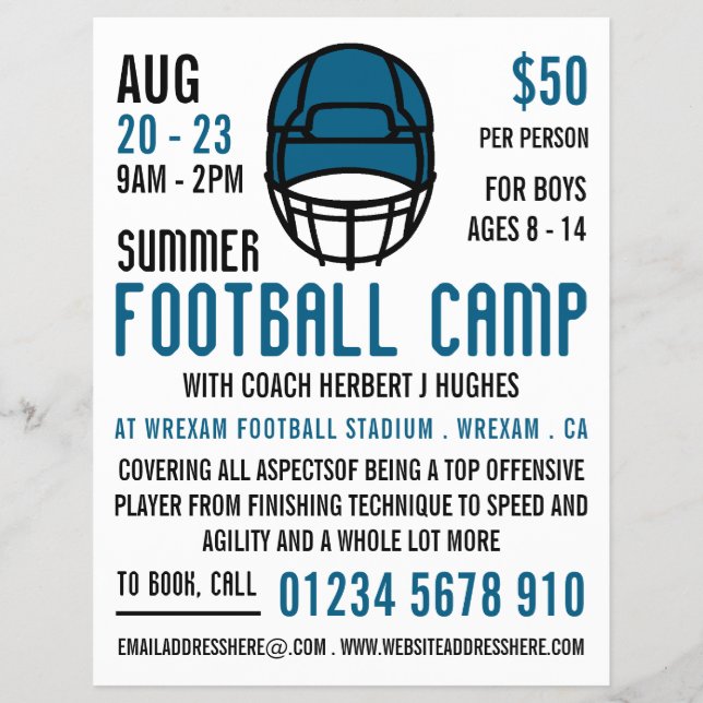 Blue Football Helmet, Football Camp Advertising Flyer (Front)
