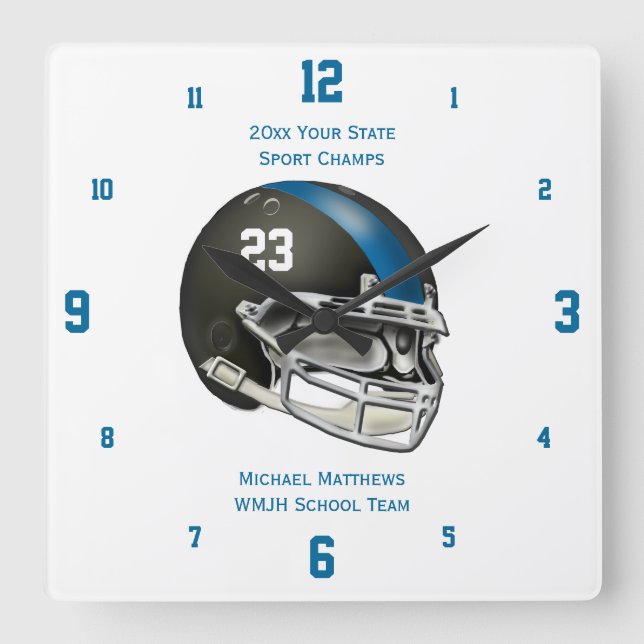 Blue Football Helmet Name and School Clock (Front)