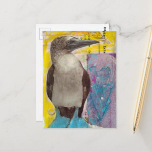 Blue Footed Bird mixed media collage Postcard