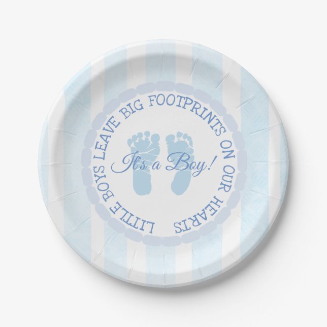 Blue Footprints Boy Baby Shower Paper Plates (Front)
