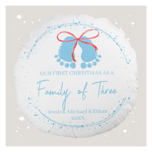 Blue Footprints First Christmas Pattern Round Cushion