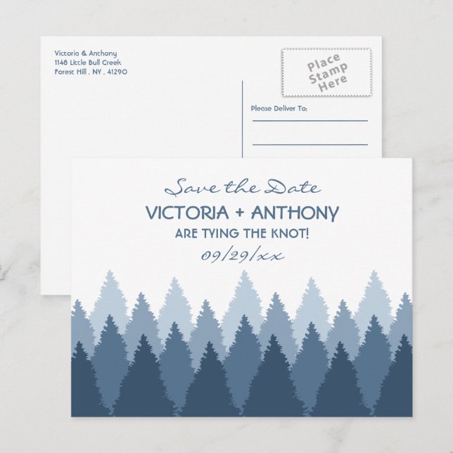 Blue Forest Range Woodland Wedding Save The Date Postcard (Front/Back)