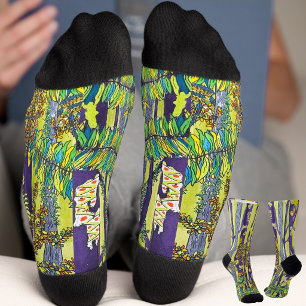 blue forest watercolour fun whimsical socks