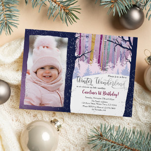 Blue Forest Winter Wonderland Girls Birthday Photo Invitation